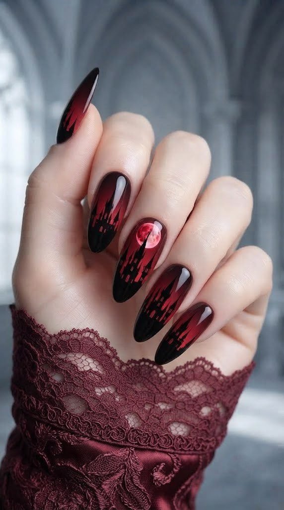 gothic vampire nail designs shaped into a castle skyline scene