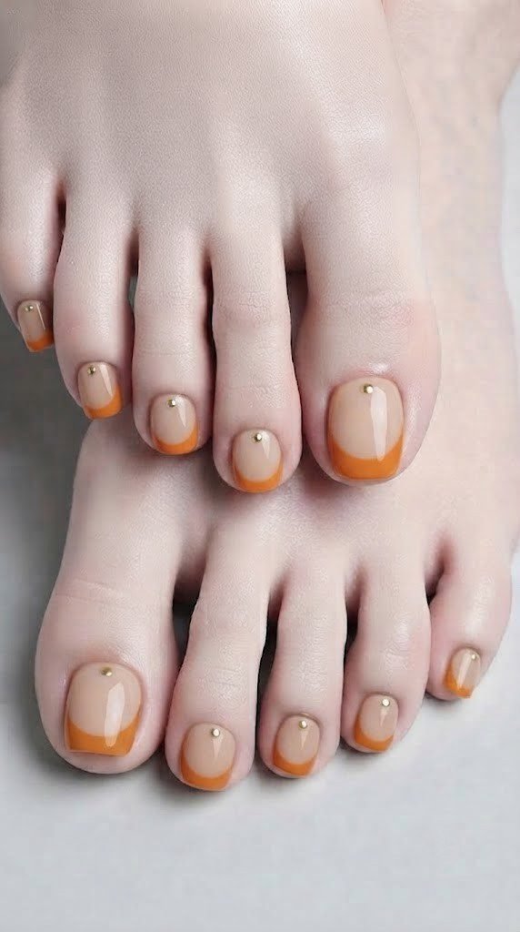 sheer nude toe nails bold pumpkin orange French tip gold chrome dot