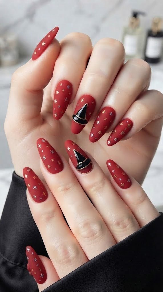 Matte red Halloween nails with a glossy black witch hat silhouette design
