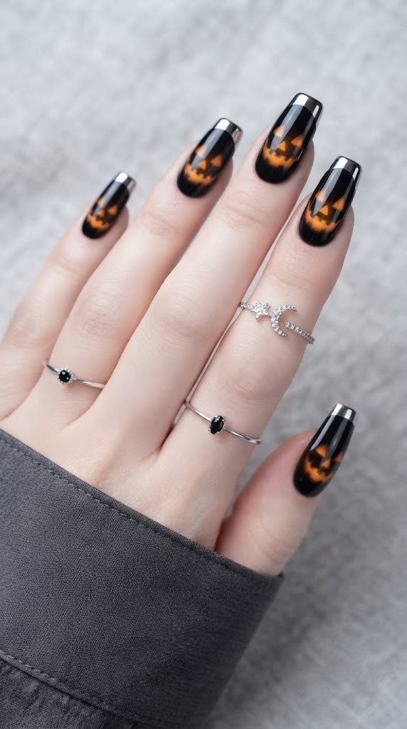 Glowing jack-o-lantern black Halloween nails with a chrome French tip