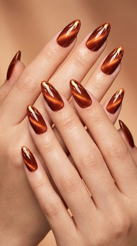 Burnt terracotta nails with copper flame strokes, warm fall nail colors done right
