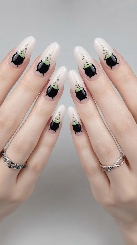 Matte black cauldron oval nail art with a bubbling lime green potion