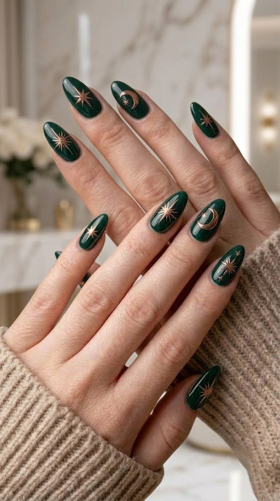Hunter green almond nails with celestial stars and a bronze chrome moon