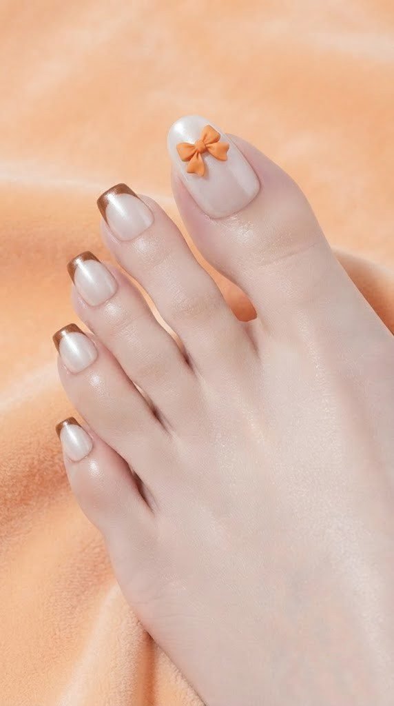 glazed donut milky nude toe nails cinnamon brown French tip bow charm