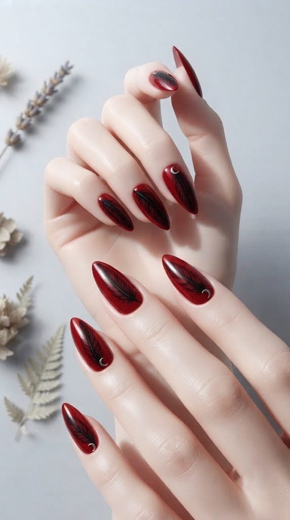 Glossy red nails hand painted with a black raven feather and moon charm