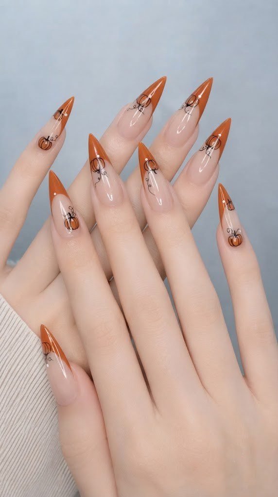 fall stiletto nails with burnt orange color block pumpkin design