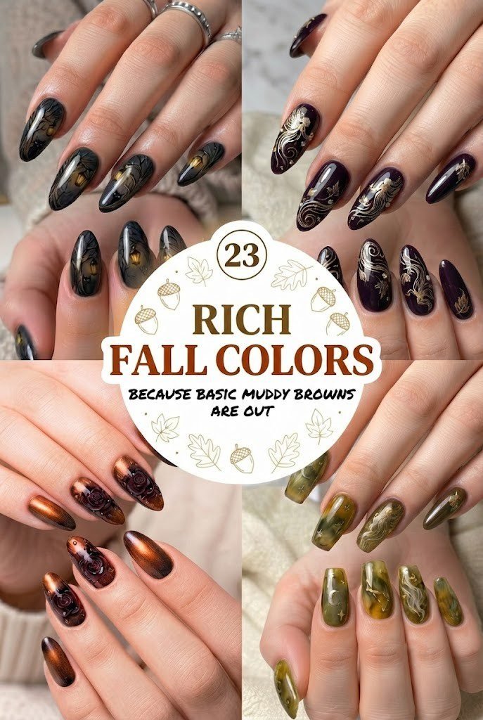 A collage of November nail colors, from gothic black lace to copper rose and olive gold