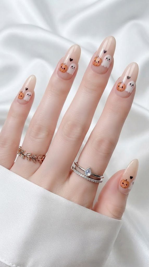 Nude oval nail design pairing a tiny pumpkin with a tiny ghost