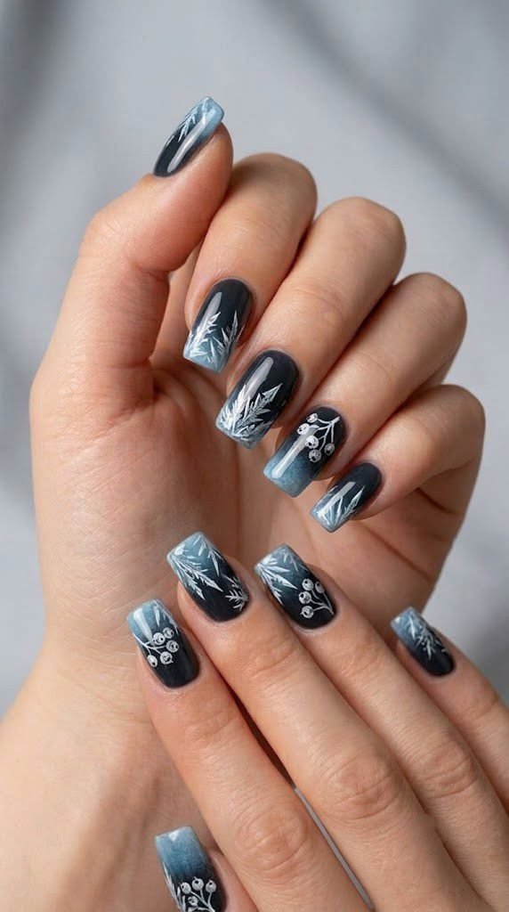 Charcoal to icy blue fall square nails with frost crystal artwork