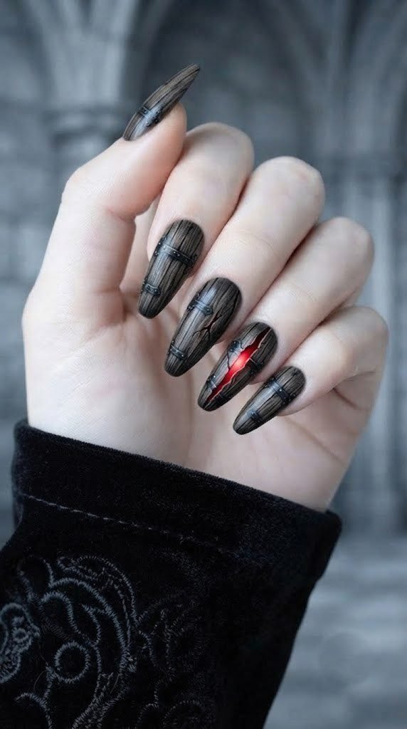 coffin gothic Halloween nails shaped like a cracking wooden lid