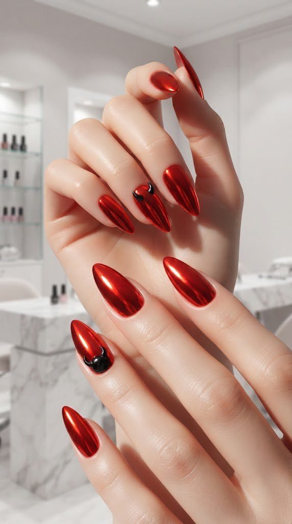 Fiery red mirror chrome nails with tiny glossy black devil horn charms