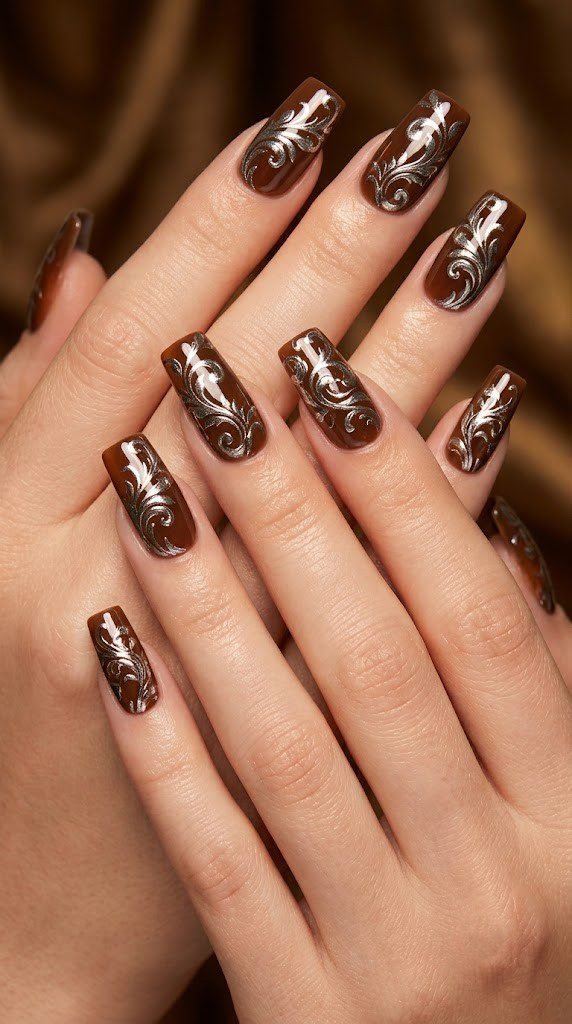 Toffee brown nails with platinum baroque vines, dressed-up fall nail colors