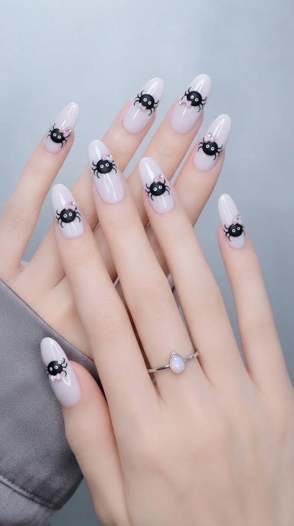 Lilac oval cute Halloween nails with a black spider wearing a pink bow