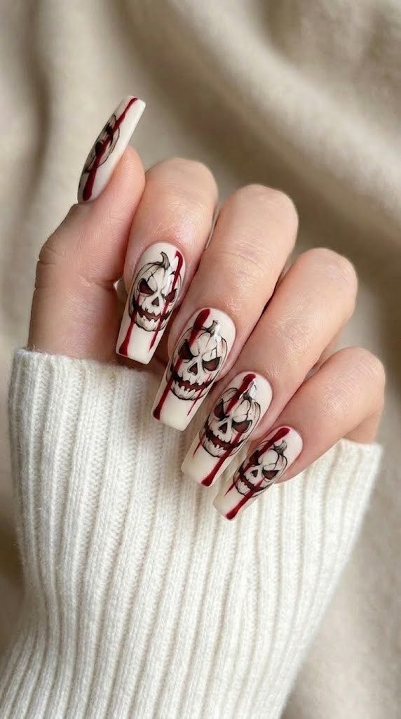 Horror Halloween nail art with cracked pumpkin face and blood streaks