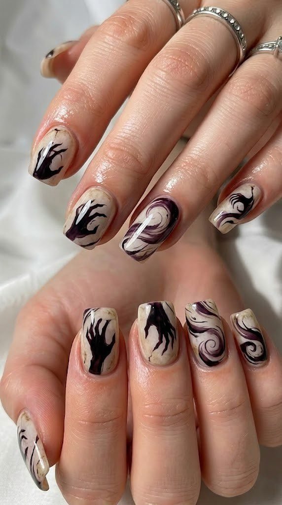 Alabaster short fall acrylic nails with plum ink wash skeletal hands
