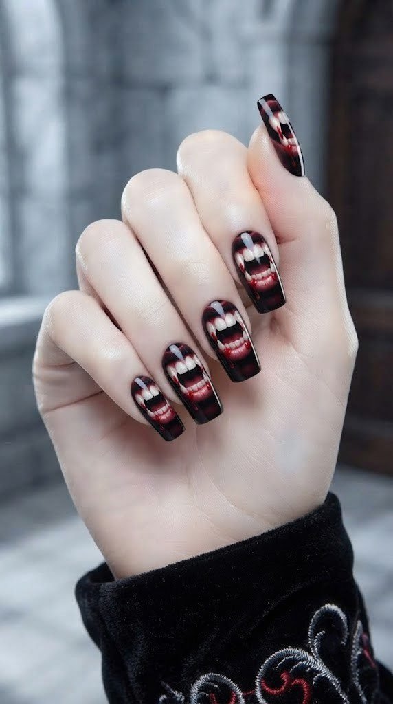 acrylic Halloween nail ideas with hyper-realistic bared vampire fangs