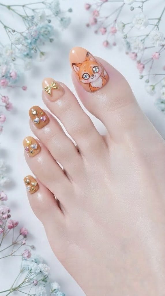 peachy orange October toe nails chibi fox face gold bow charm