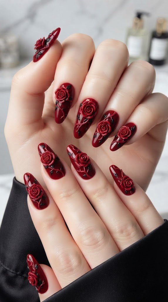 Deep red coffin nails with hand sculpted 3D roses and thorny vine detail