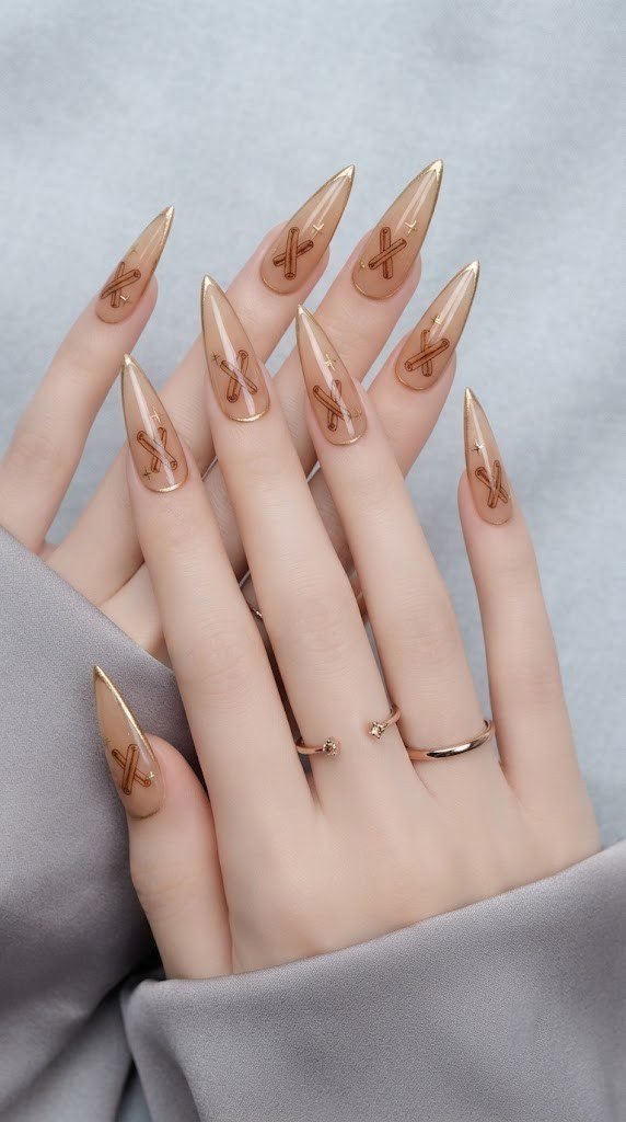 classy autumn nails in caramel with gold cinnamon stick detail