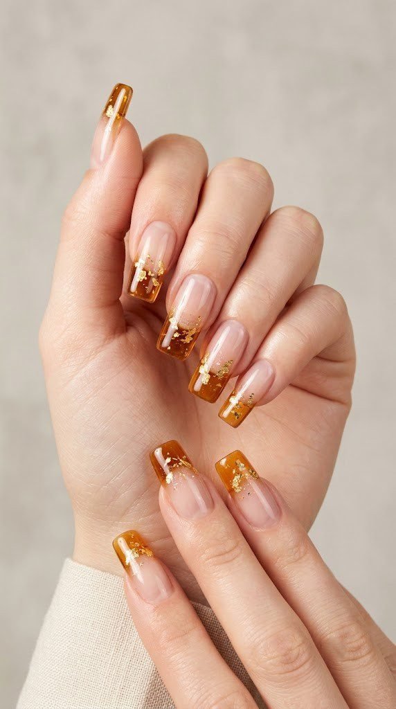 Amber overlay and gold leaf flecks gather at the tips, a coastal-luxe classy nail designs pick.