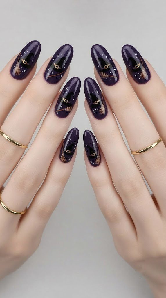 Midnight purple oval nail art with a witch hat, broomstick, and stars