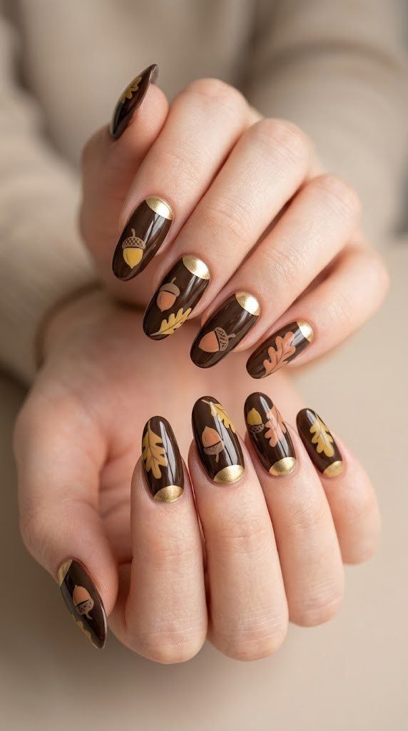 Espresso fall nail colors with acorn and oak leaves in satin gold chrome