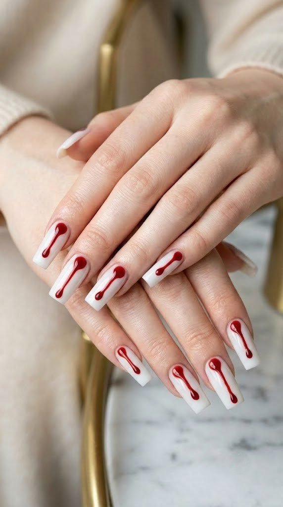 Clean square Halloween nails with a single red blood droplet near cuticle
