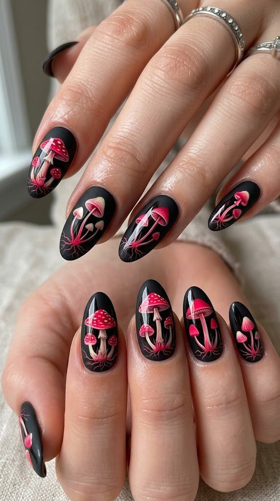 Matte black fall almond nails with glowing neon crimson fungi