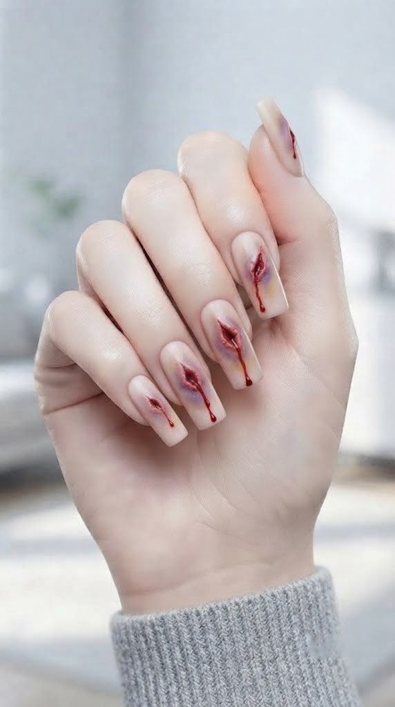 vampire nails aesthetic with a realistic bite wound and blood trickle