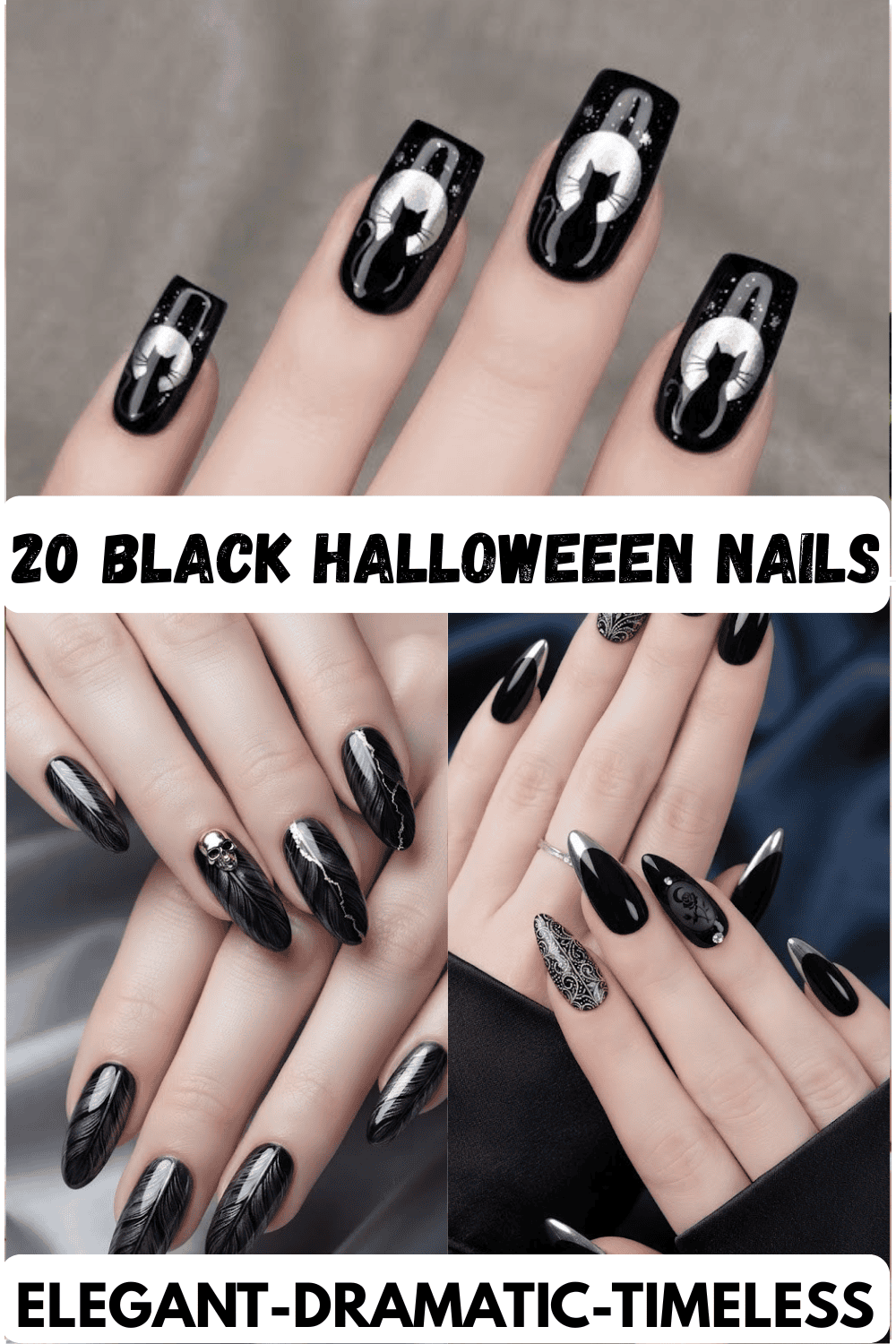 Black Halloween nails featuring cat and moon, raven feather, and chrome art