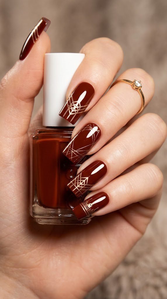 Burnt sienna nails inlaid with laser-cut gold, a bold September nail colors pick