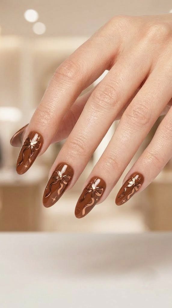 Toasted chestnut October nails with a Renaissance ribbon bow in bronze chrome
