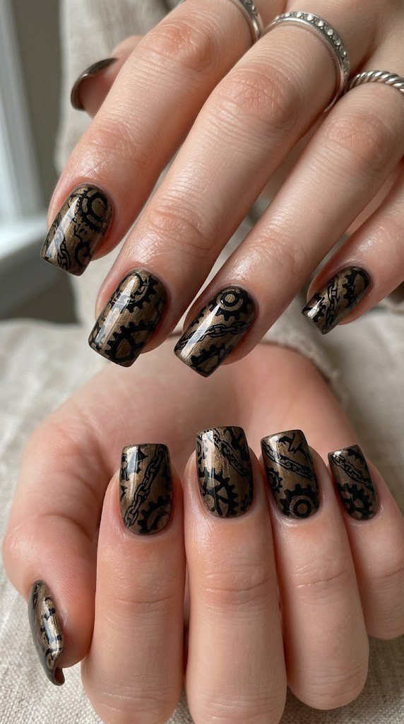 Antique bronze fall square nails with industrial gear and chains