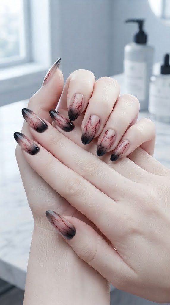 vampire nails aesthetic with airbrushed veins over a smoked gradient