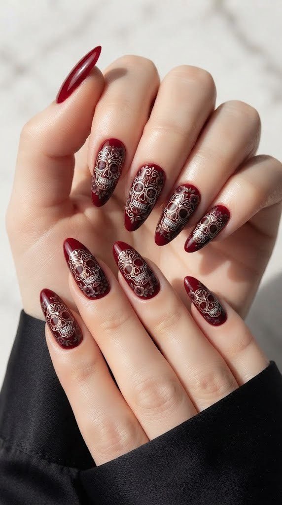 Red Halloween nails with an intricate white and gold sugar skull design
