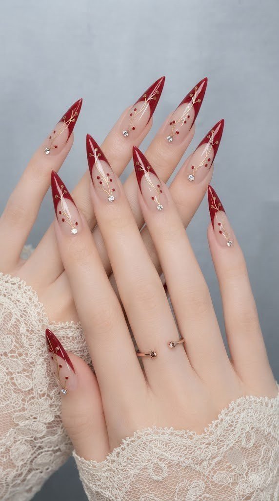 fall stiletto nails French tip with gold vine and berry accent