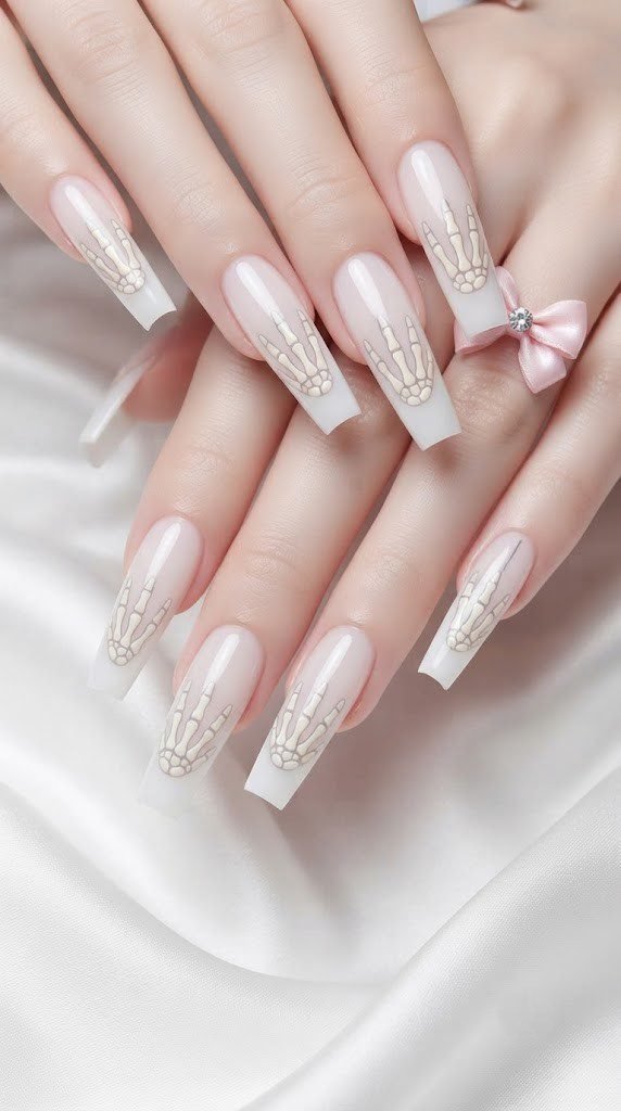 White square nail design with an ivory skeleton hand and pink bow