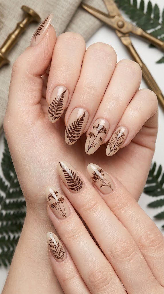Fine espresso-ink ferns are hand-drawn across a soft beige base, elegant minimalist nails style.