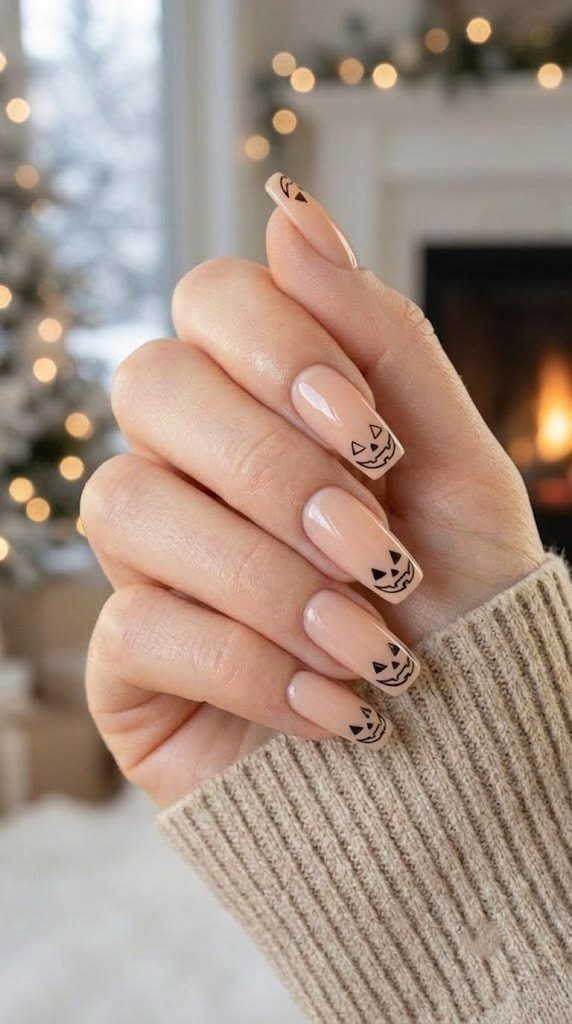 Subtle halloween nails square shape with tiny jack-o-lantern outline