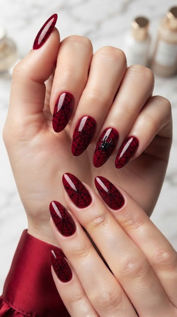 Ruby red nails with a delicate black spiderweb lattice and 3D spider charm