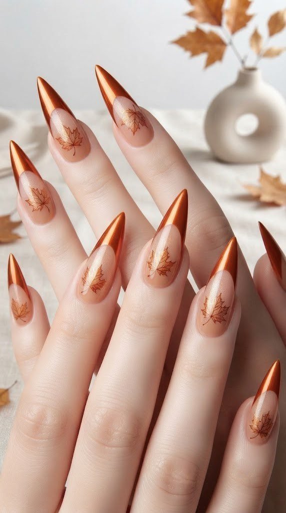 fall stiletto nails 2026 with burnt orange chrome French tip