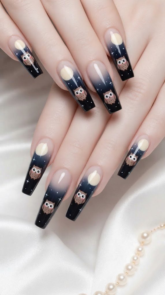 Navy square nail design with a kawaii owl under a cream full moon