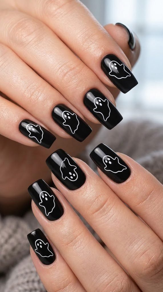 Minimalist Halloween square nails with a fine white ghost outline