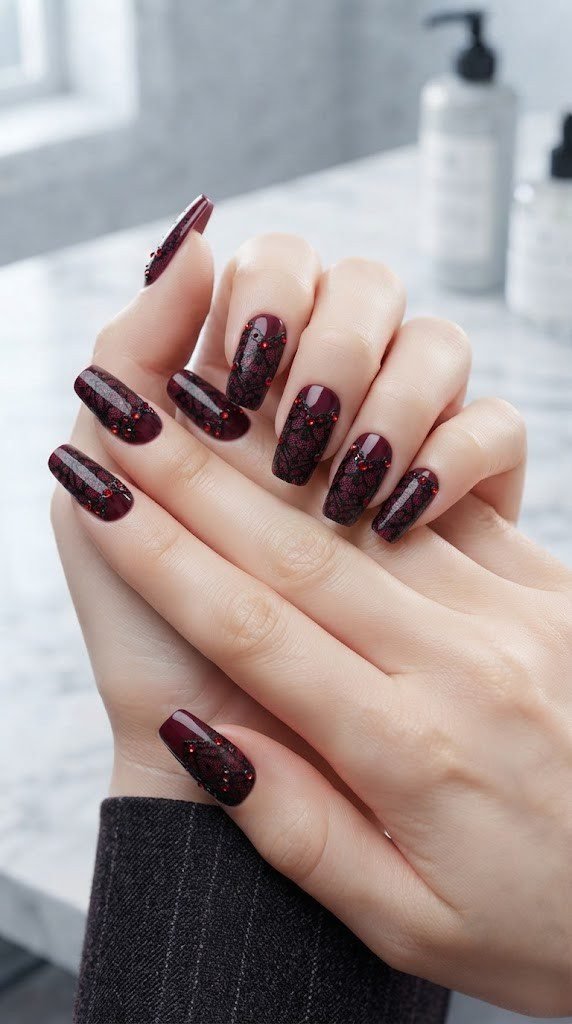 Wine red nails layered with black lace overlay and faceted ruby gem accents