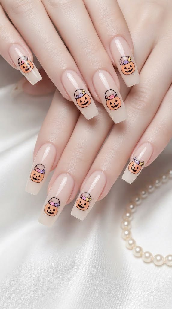 Nude oval nail art with an orange candy bucket full of tiny sweets