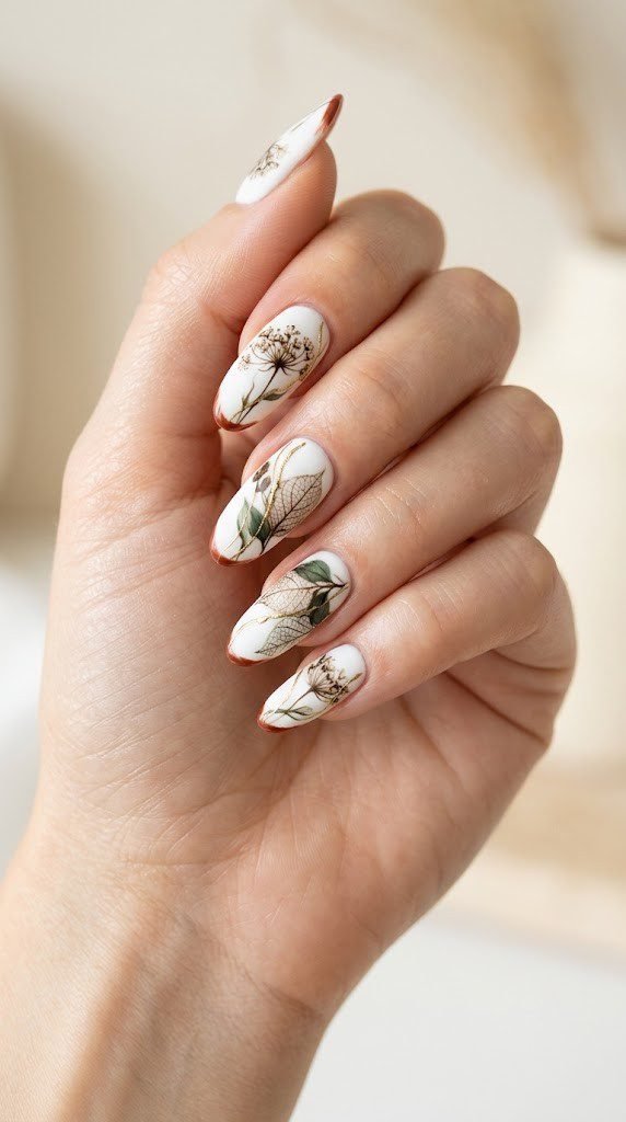 Milk-white nails carry gold-veined botanicals framed by a burnt-orange tip, classy nail designs at its finest.