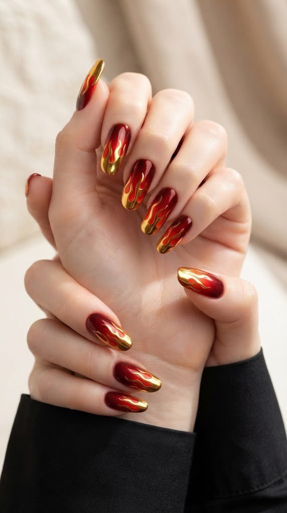 Fiery red chrome nails fading into liquid gold flame-shaped tips