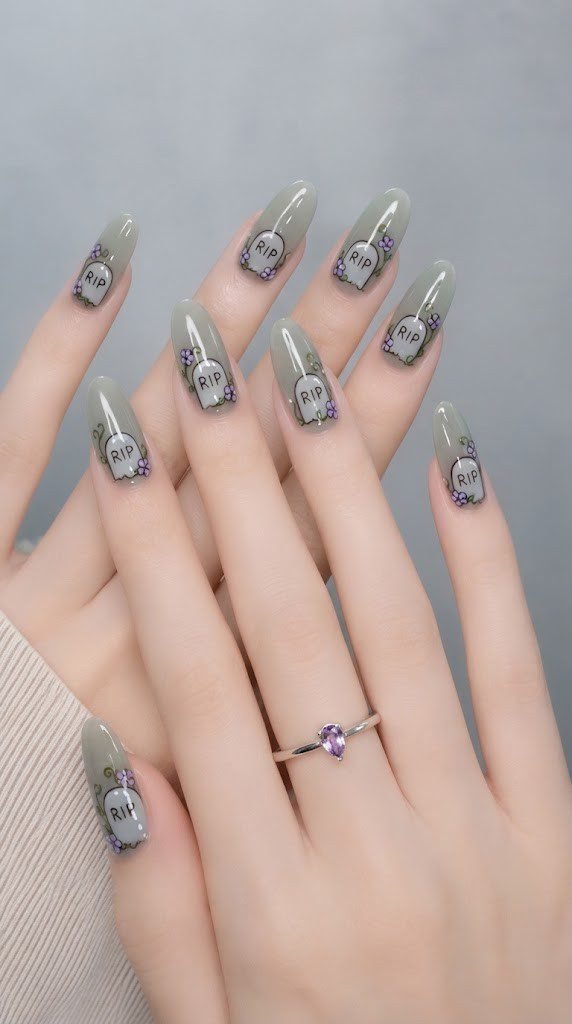 Sage grey oval nail design with a tiny RIP tombstone and purple flower