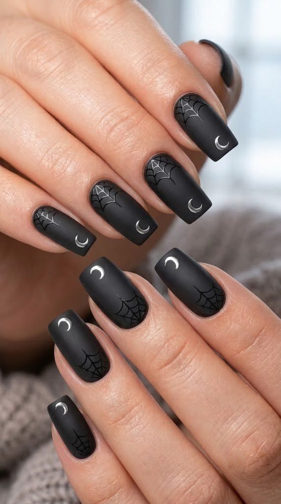 October nails with a corner spiderweb and silver crescent moon detail