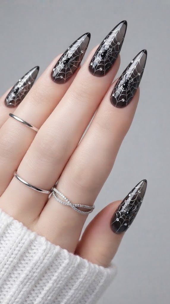 Black glass almond acrylic Halloween nails with a silver chrome spiderweb